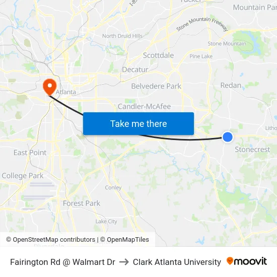 Fairington Rd @ Walmart Dr to Clark Atlanta University map