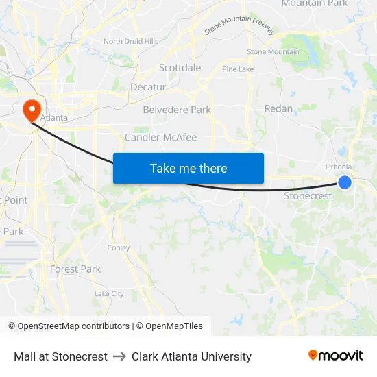 Mall at Stonecrest to Clark Atlanta University map