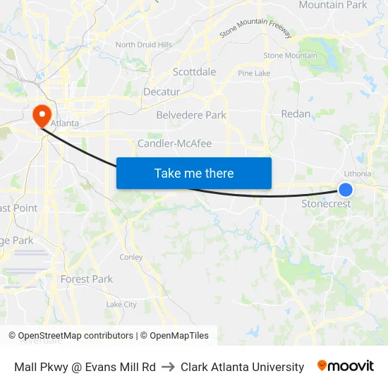 Mall Pkwy @ Evans Mill Rd to Clark Atlanta University map