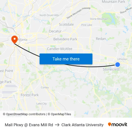 Mall Pkwy @ Evans Mill Rd to Clark Atlanta University map
