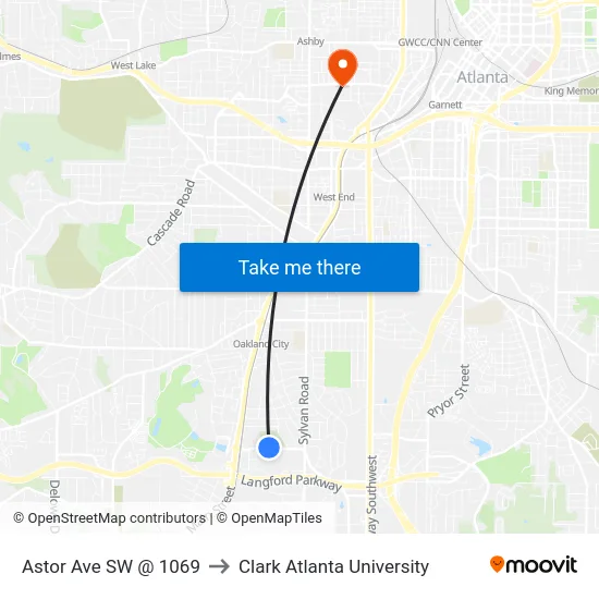 Astor Ave SW @ 1069 to Clark Atlanta University map