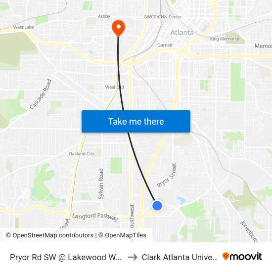 Pryor Rd SW @ Lakewood Way SW to Clark Atlanta University map