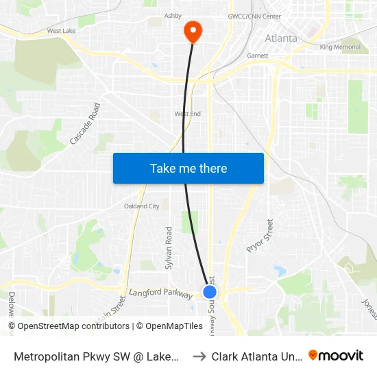 Metropolitan Pkwy SW @ Lakewood Ave SW to Clark Atlanta University map