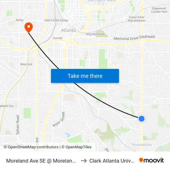 Moreland Ave SE @ Moreland Dr SE to Clark Atlanta University map