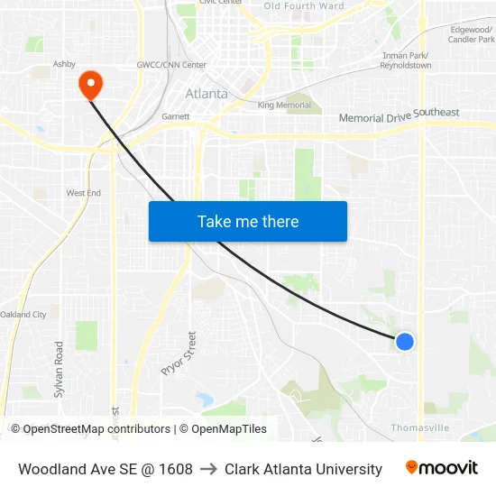 Woodland Ave SE @ 1608 to Clark Atlanta University map