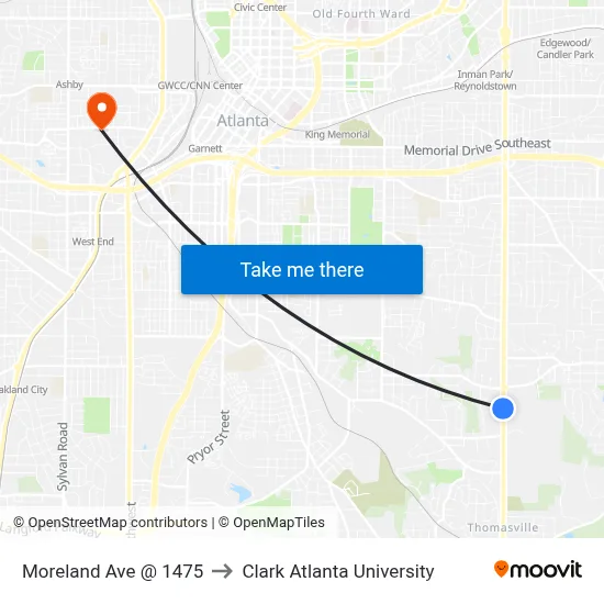 Moreland Ave @ 1475 to Clark Atlanta University map