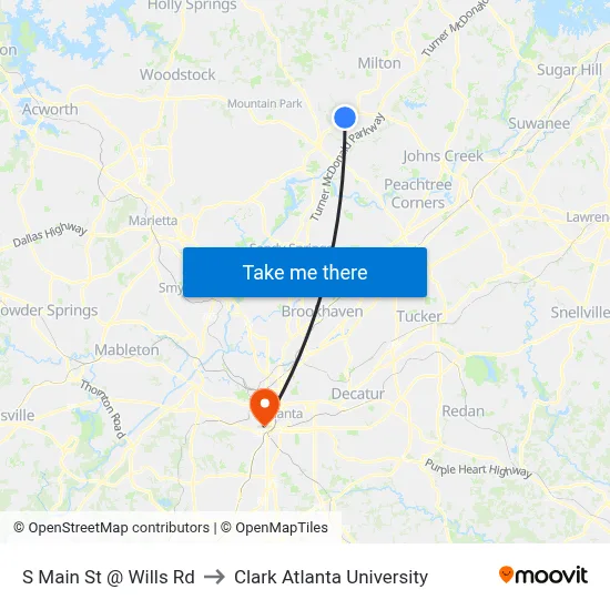 S Main St @ Wills Rd to Clark Atlanta University map