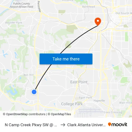 N Camp Creek Pkwy SW @ 3540 to Clark Atlanta University map