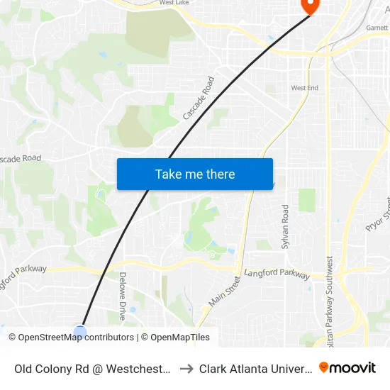 Old Colony Rd @ Westchester Dr to Clark Atlanta University map
