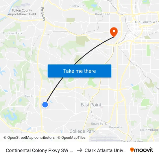 Continental Colony Pkwy SW @ 3030 to Clark Atlanta University map