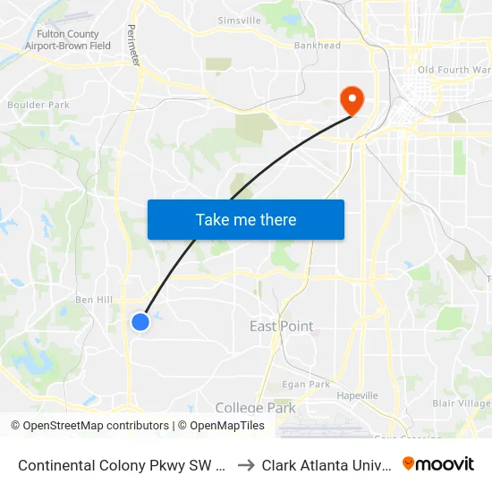 Continental Colony Pkwy SW @ 2999 to Clark Atlanta University map