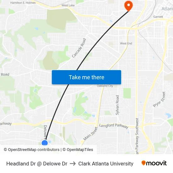 Headland Dr @ Delowe Dr to Clark Atlanta University map