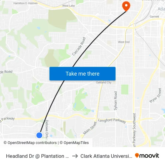Headland Dr @ Plantation Dr to Clark Atlanta University map