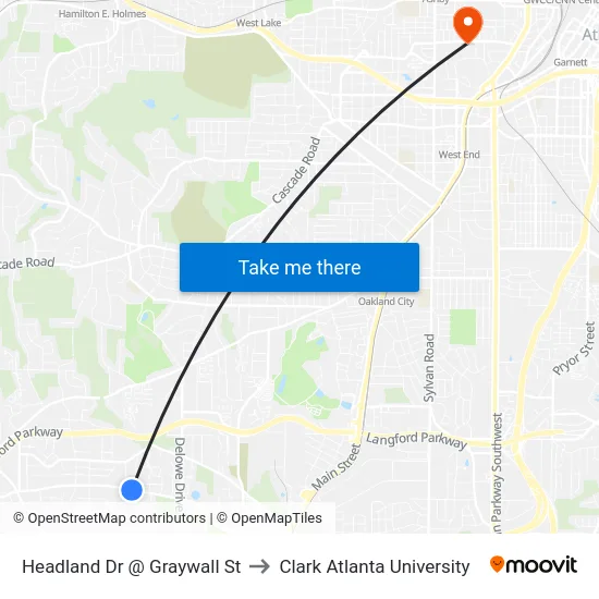 Headland Dr @ Graywall St to Clark Atlanta University map