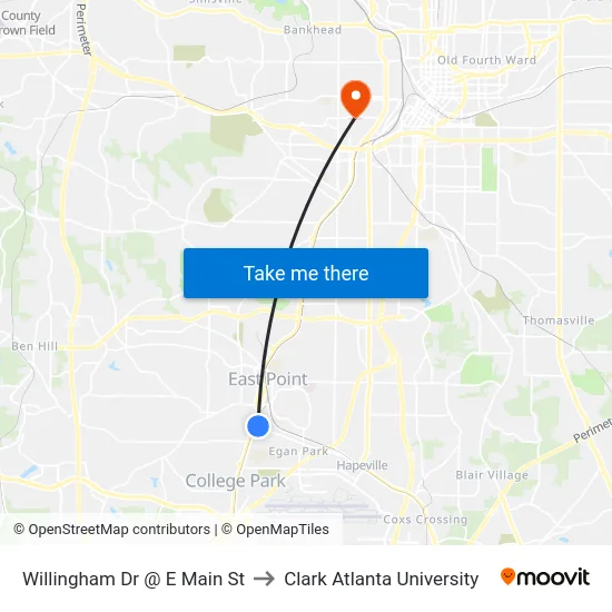 Willingham Dr @ E Main St to Clark Atlanta University map