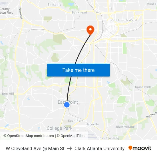 W Cleveland Ave @ Main St to Clark Atlanta University map