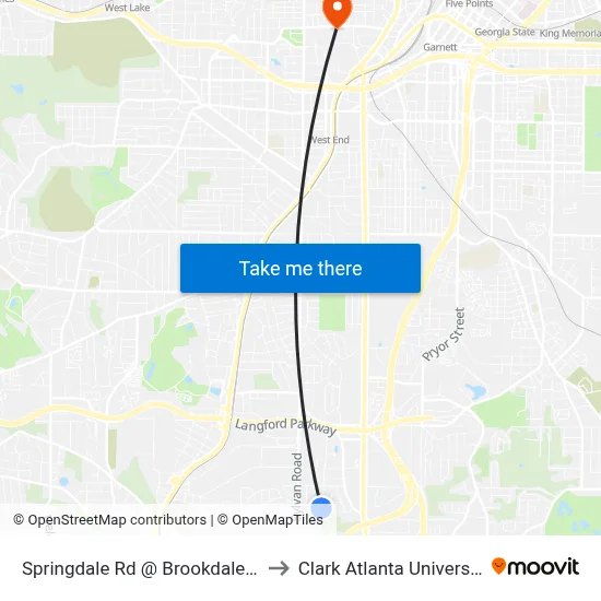 Springdale Rd @ Brookdale Dr to Clark Atlanta University map
