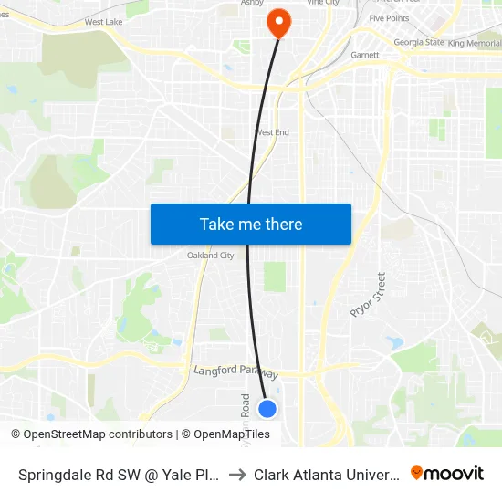 Springdale Rd SW @ Yale Pl SW to Clark Atlanta University map
