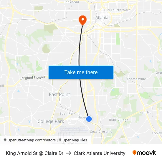 King Arnold St @ Claire Dr to Clark Atlanta University map