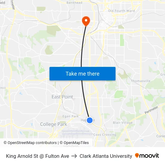 King Arnold St @ Fulton Ave to Clark Atlanta University map