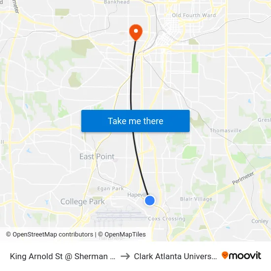 King Arnold St @ Sherman Rd to Clark Atlanta University map