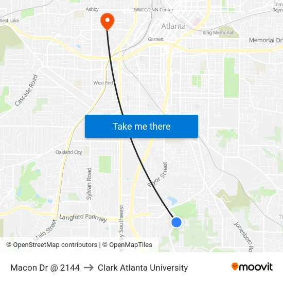Macon Dr @ 2144 to Clark Atlanta University map