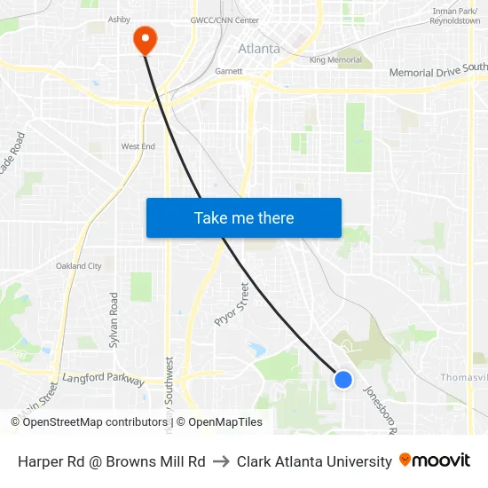 Harper Rd @ Browns Mill Rd to Clark Atlanta University map