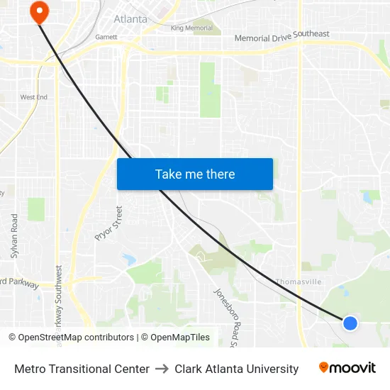 Metro Transitional Center to Clark Atlanta University map