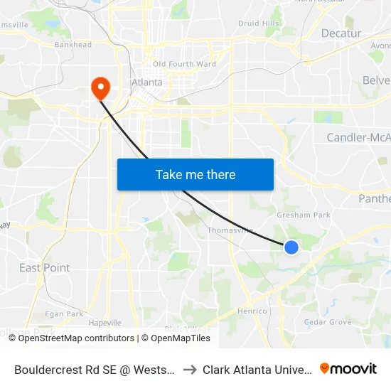 Bouldercrest Rd SE @ Westside Pl to Clark Atlanta University map