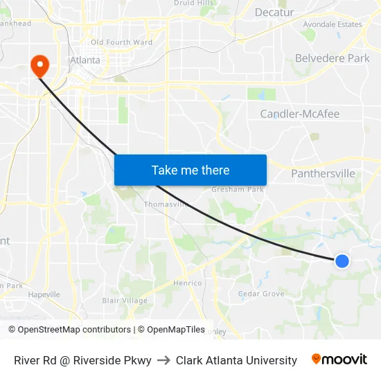 River Rd @ Riverside Pkwy to Clark Atlanta University map