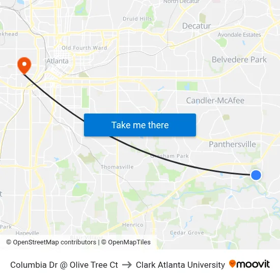 Columbia Dr @ Olive Tree Ct to Clark Atlanta University map