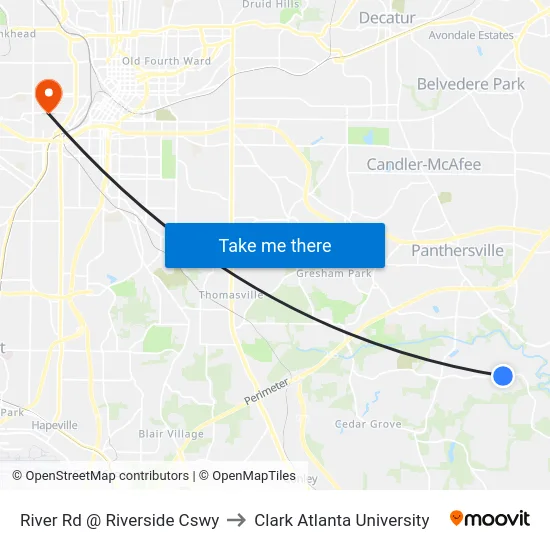 River Rd @ Riverside Cswy to Clark Atlanta University map