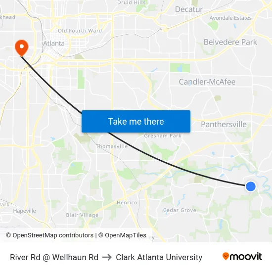 River Rd @ Wellhaun Rd to Clark Atlanta University map