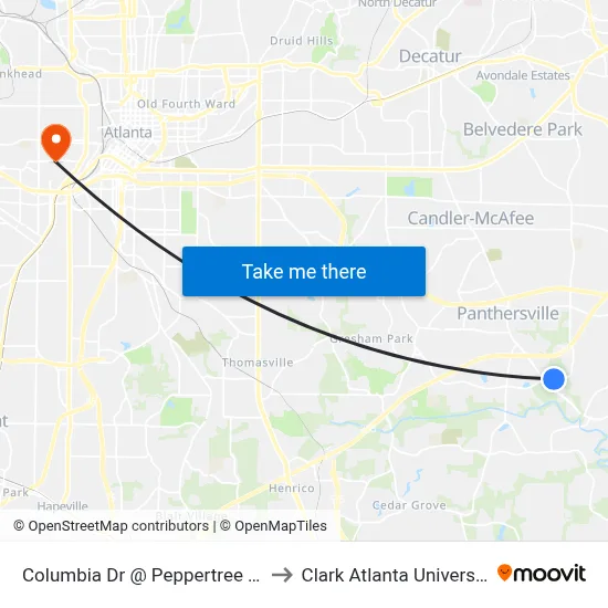 Columbia Dr @ Peppertree Cir to Clark Atlanta University map