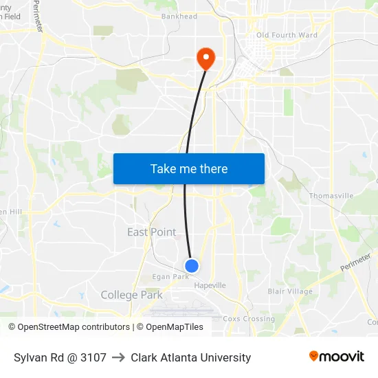 Sylvan Rd @ 3107 to Clark Atlanta University map