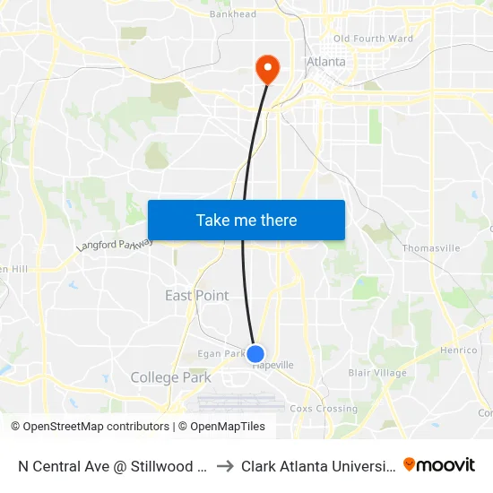 N Central Ave @ Stillwood Dr to Clark Atlanta University map