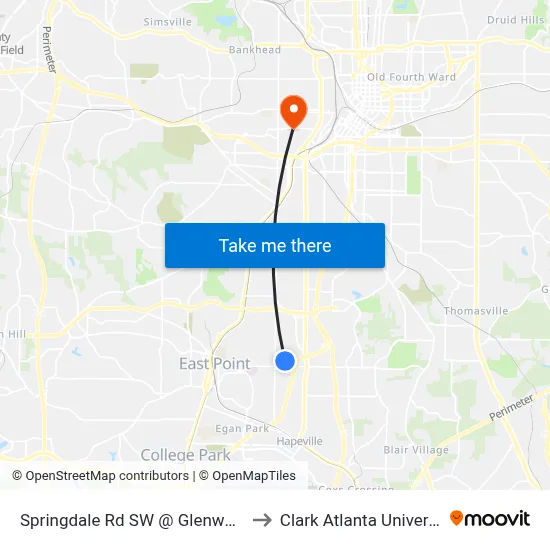 Springdale Rd SW @ Glenway Dr to Clark Atlanta University map