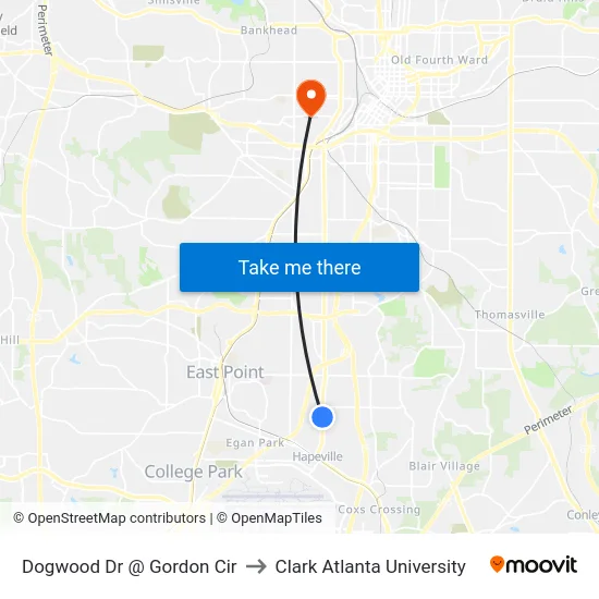 Dogwood Dr @ Gordon Cir to Clark Atlanta University map
