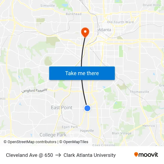 Cleveland Ave @ 650 to Clark Atlanta University map
