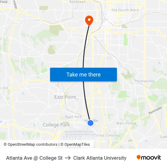 Atlanta Ave @ College St to Clark Atlanta University map
