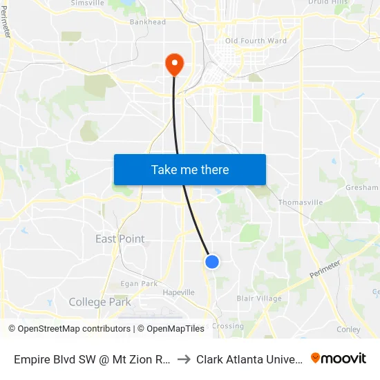 Empire Blvd SW @ Mt Zion Rd SW to Clark Atlanta University map