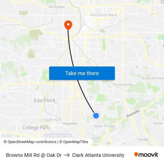 Browns Mill Rd @ Oak Dr to Clark Atlanta University map