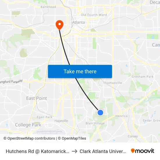 Hutchens Rd @ Katomarick Dr to Clark Atlanta University map