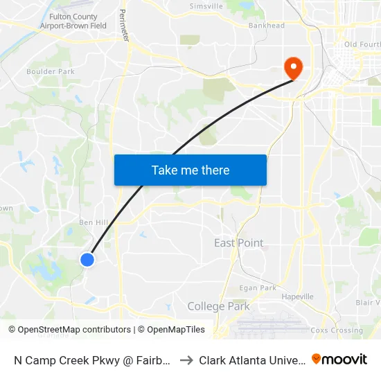 N Camp Creek Pkwy @ Fairburn Rd to Clark Atlanta University map