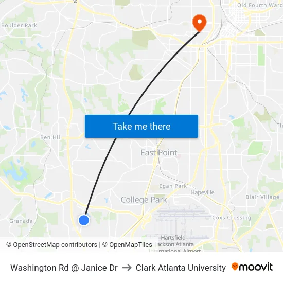 Washington Rd @ Janice Dr to Clark Atlanta University map