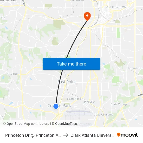 Princeton Dr @ Princeton Ave to Clark Atlanta University map