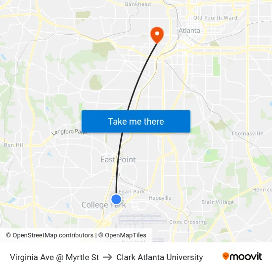 Virginia Ave @ Myrtle St to Clark Atlanta University map