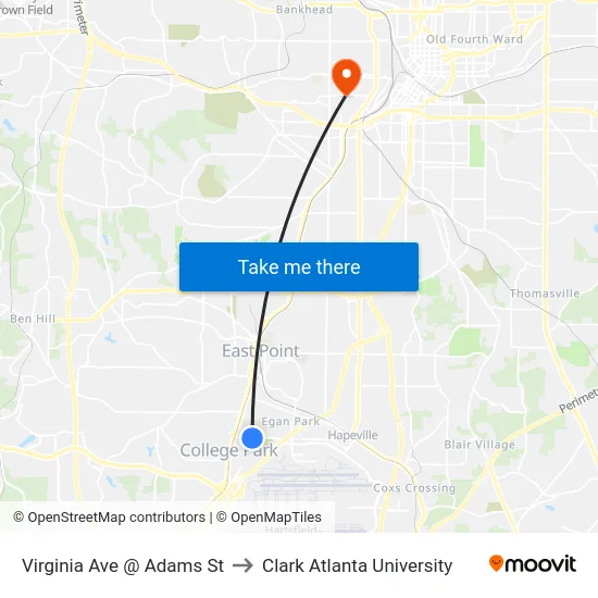 Virginia Ave @ Adams St to Clark Atlanta University map