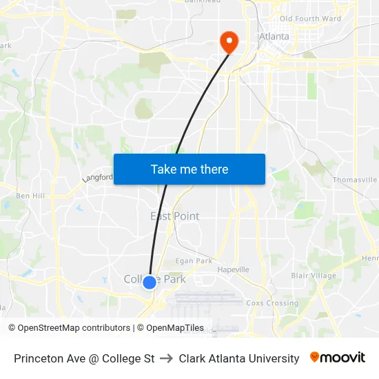 Princeton Ave @ College St to Clark Atlanta University map