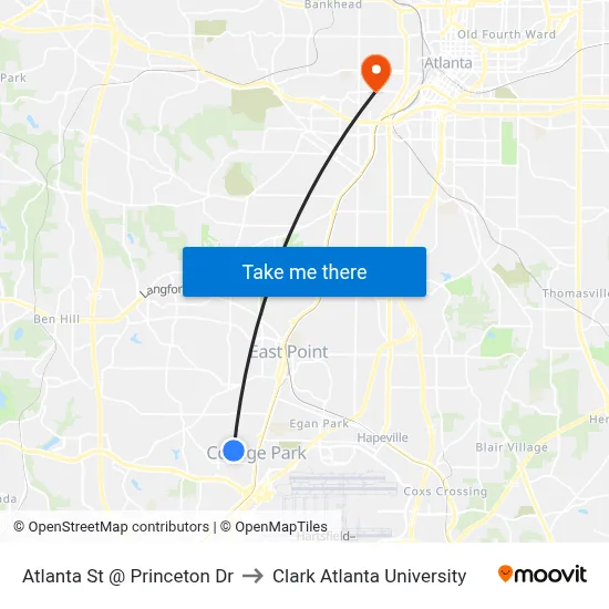 Atlanta St @ Princeton Dr to Clark Atlanta University map